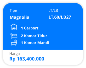 Tipe LT/LB Magnolia LT.60/LB27 1 Carport 2 Kamar Tidur 1 Kamar Mandi Harga Rp 163,400,000