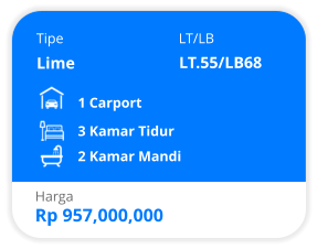 Tipe LT/LB Lime LT.55/LB68 1 Carport 3 Kamar Tidur 2 Kamar Mandi Harga Rp 957,000,000